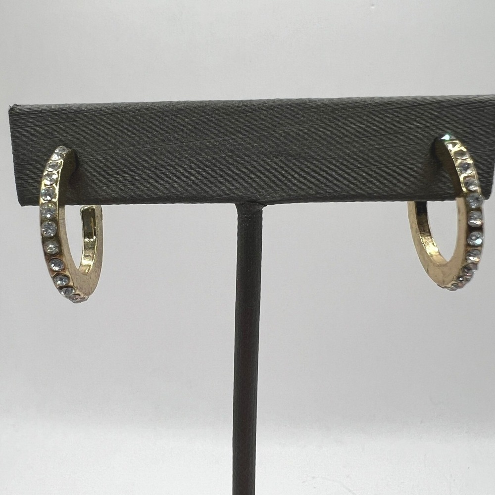 Pierced Hoop Earrings Crystal and Gold Tone